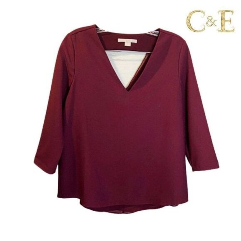 C&E Women's Burgundy V-Neck 3/4‎ Sleeve Loose Blouse